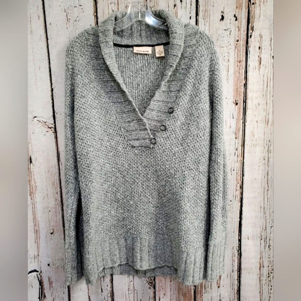 Women's Medium DKNY Jeans Gray Chunky Knit Tunic Length Cowl‎ Neck Sweater